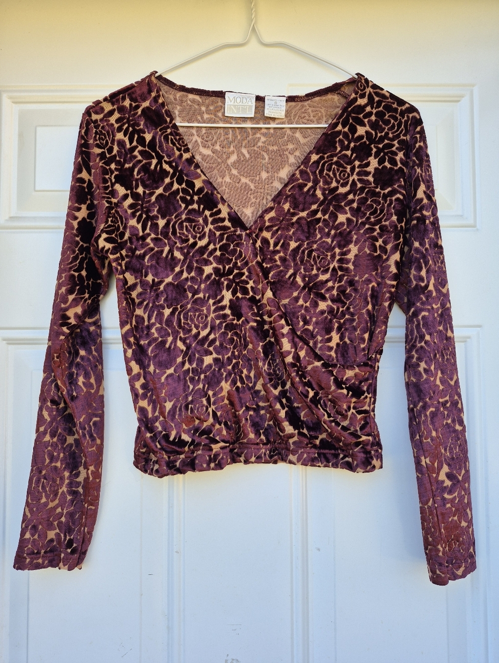 Small Vintage Y2K Moda Int'l Burgundy Wine Floral Burnout Velvet Whimsigoth Top
